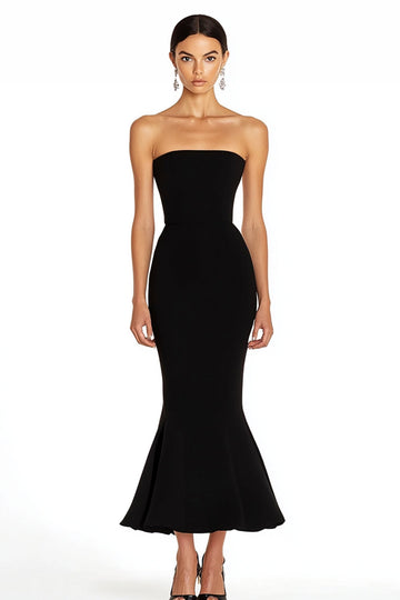 Black Satin Mermaid Strapless Long Formal Dress